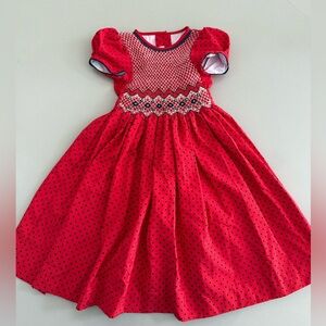 Adorable Girly Lined Red Embroidered Smocked Dress with Puff Sleeves Size 5
